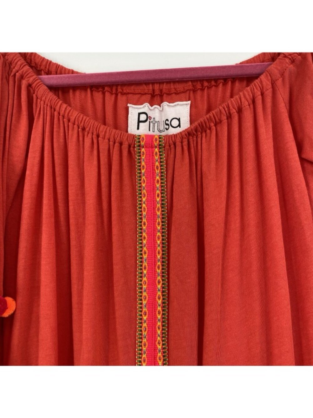 PITUSA Off The Shoulder Gypsy Maxi Dress In Orange One Size Pom Poms Boho Knit - Picture 14 of 16